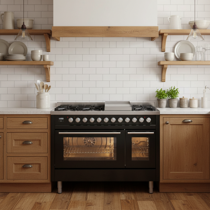 ILVE 48"Professional Plus Liquid Propane Dual Fuel Range, Glossy Black UP48FWMPBKLP