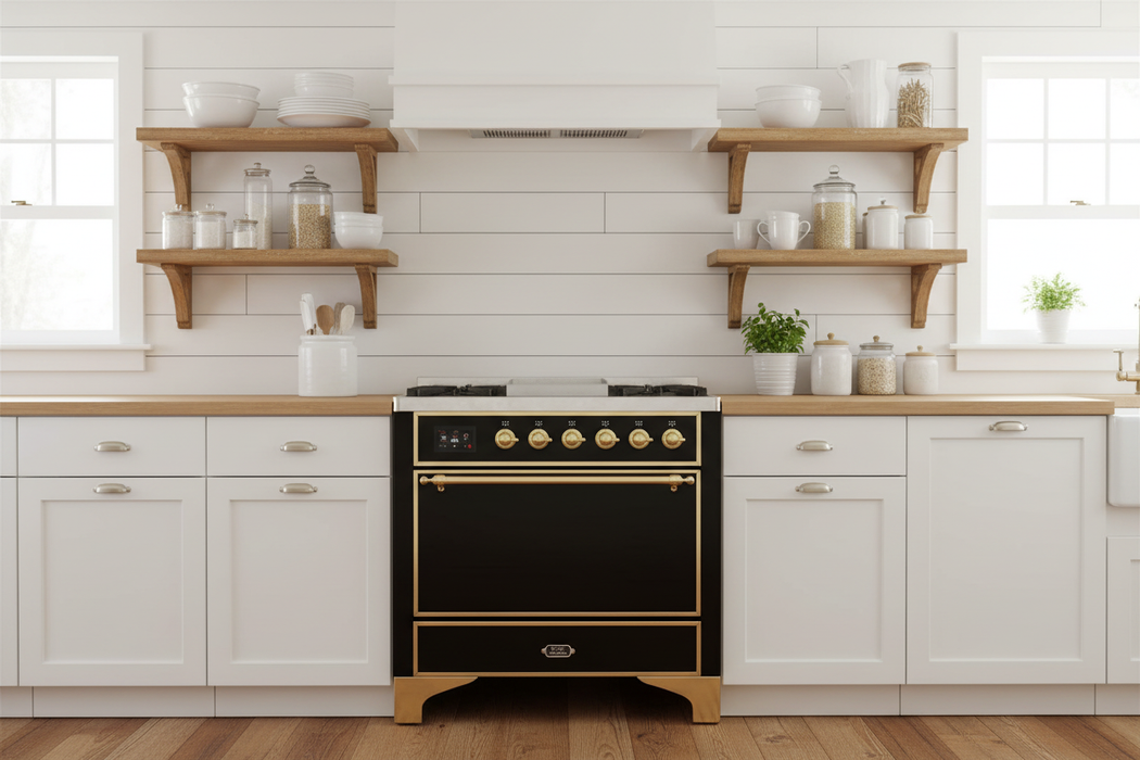 ILVE Majestic II 36" Dual Fuel Range Glossy Black Brass Trim UM09FDQNS3BKG
