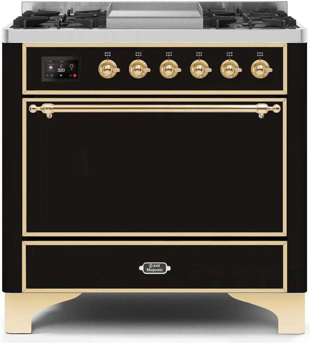 ILVE Majestic II 36" Dual Fuel Range Glossy Black Brass Trim UM09FDQNS3BKG