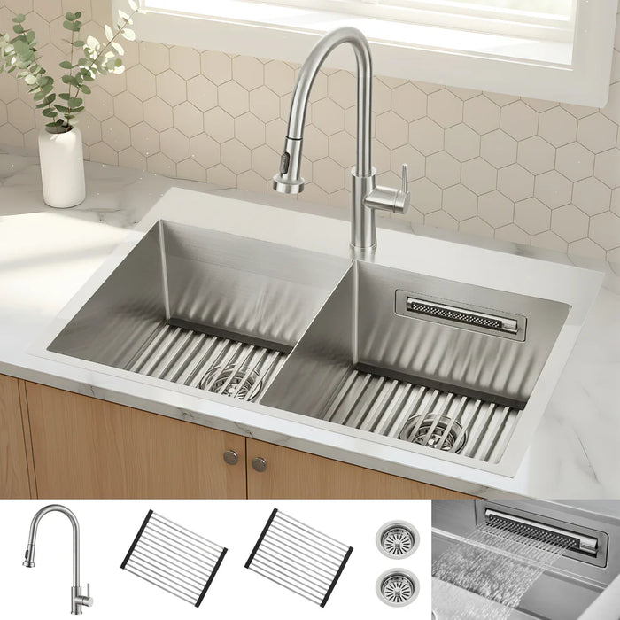 FORNO ACQUA 33" Drop-In/Undermount Stainless Steel Sink Faucet & Waterfall G-ZN30