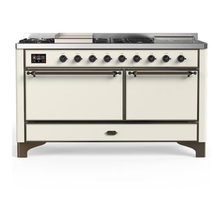 ILVE Majestic III 60" Dual Fuel Range, Antique White, Burnished Trim UM60FSQNR3AWB