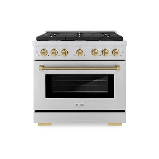 ZLINE Autograph Ed. 36" Paramount Dual Fuel Range, 6 Burner Gas Cooktop, Electric Convection Oven, Stainless Steel, Helix Handle and Knob SDRZ-36-KCB