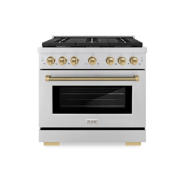 ZLINE Autograph Edition 36" Paramount Dual Fuel Range, 6 Burner Gas Cooktop, Electric Convection Oven, Stainless Steel, Helix Handle and Knob SDRZ-36-KCB