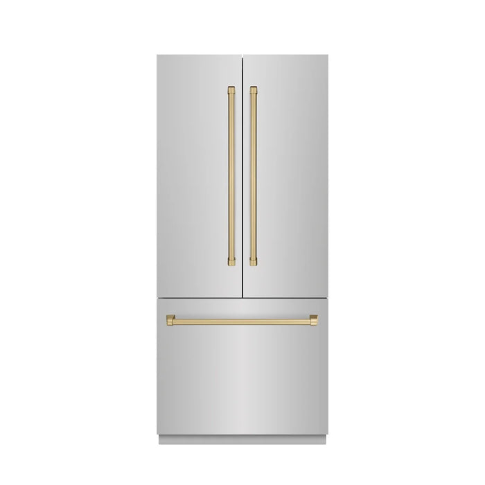 ZLINE 36" French Door Built-In Bottom Freezer Refrigerator, Water Dispenser, Ice Maker, Stainless Steel, Accents SRBIVZ-304-36CB