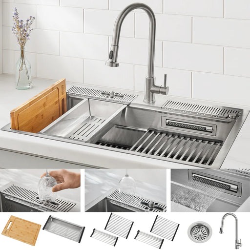 Forno ACQUA 33". Drop-In/Undermount 3-Level Workstation Sink with Faucet D-WP30 - Front View