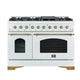 Forno Antico 48" Dual Range, 8 Burner, Elec. Oven White, Ant. Brass — FFSGS6113-48WHT