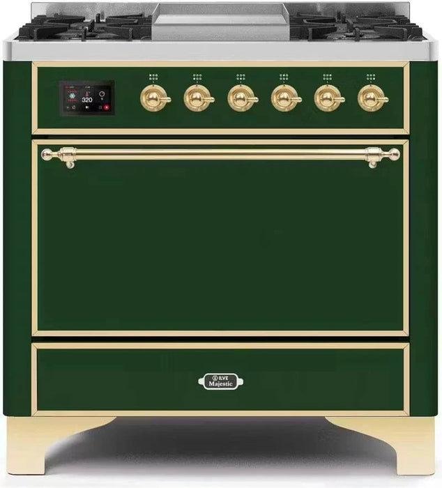 ILVE Majestic II 36" Dual Fuel Range Emerald Green Brass Trim UM09FDQNS3EGG