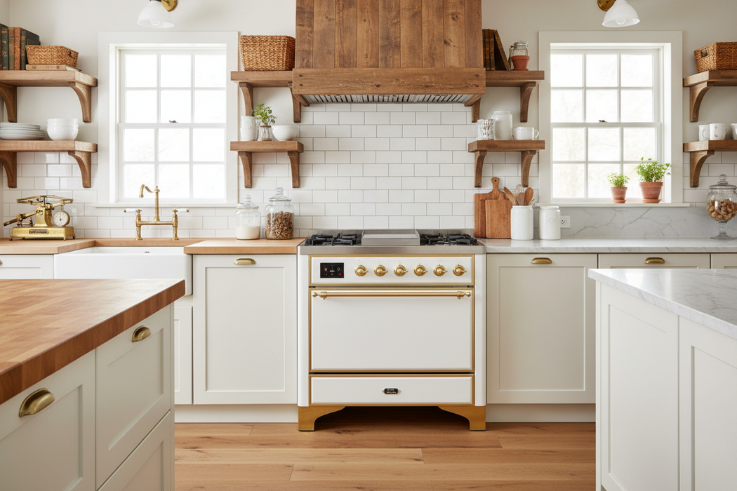 ILVE Majestic II 36" Dual Fuel Range White Brass Trim UM09FDQNS3WHG