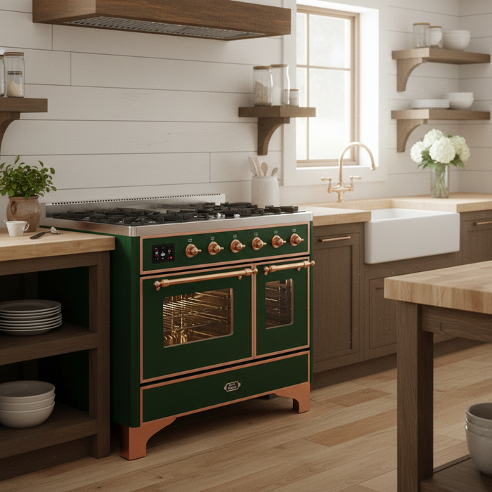 ILVE Majestic II 40" Liquid Propane Dual Fuel Range Emerald Green Copper Trim UMD10FDNS3EGPLP