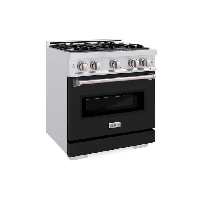 ZLINE 30" Dual Fuel Range, Gas Cooktop, Electric Convection Oven DuraSnow®Stainless Steel, Black Matte Door CDRS-BLM-30