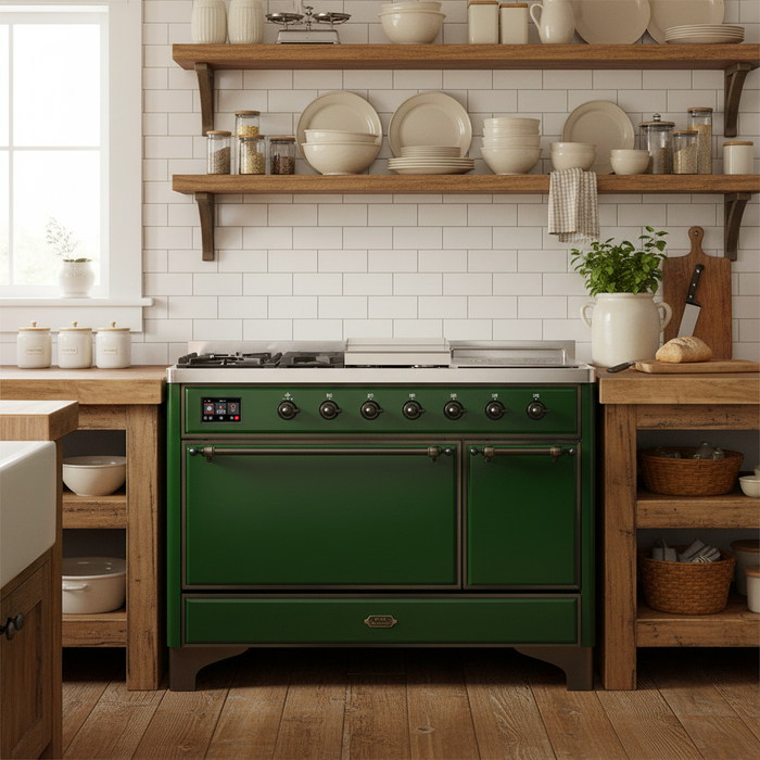 ILVE Majestic III 48" Dual Fuel Range, Emerald Green, Burnished Trim UM48FSQNR3EGB