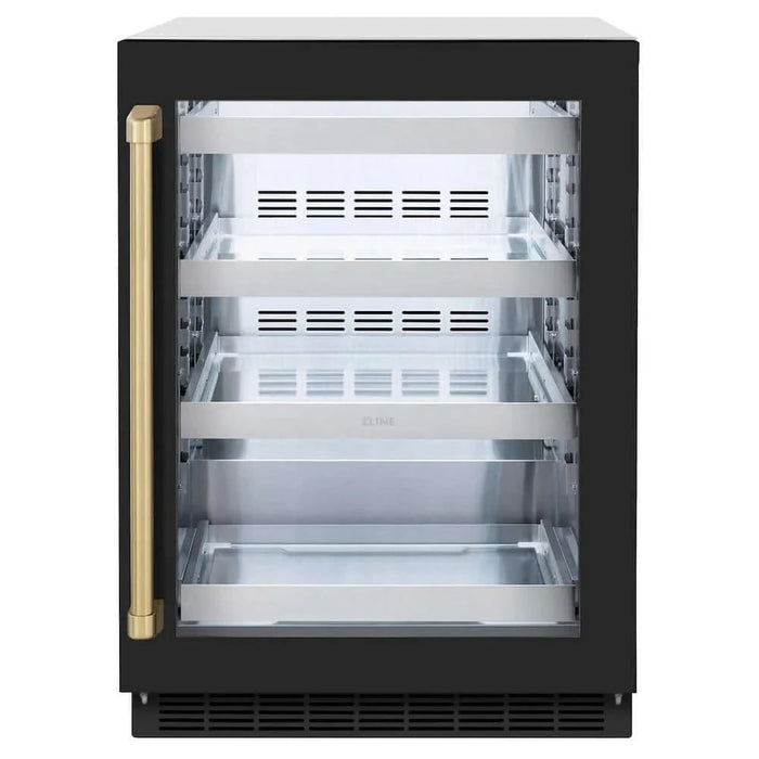 ZLINE 24" Touchstone 151 Can Beverage Fridge Black Matte Glass Door Champagne Bronze Handle RBSOZ-BLM-24-CB