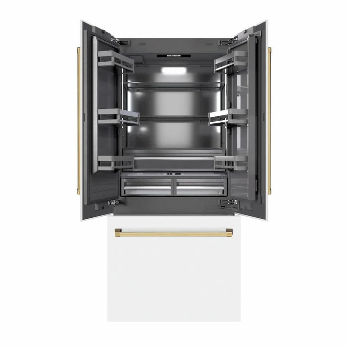 ZLINE 36" Built-In Bottom Freezer Refrigerator with Water Dispenser, Ice Maker, White Matte, Graphite Gray Interior, Polsihed Gold GRBIVZ-WM-36-G