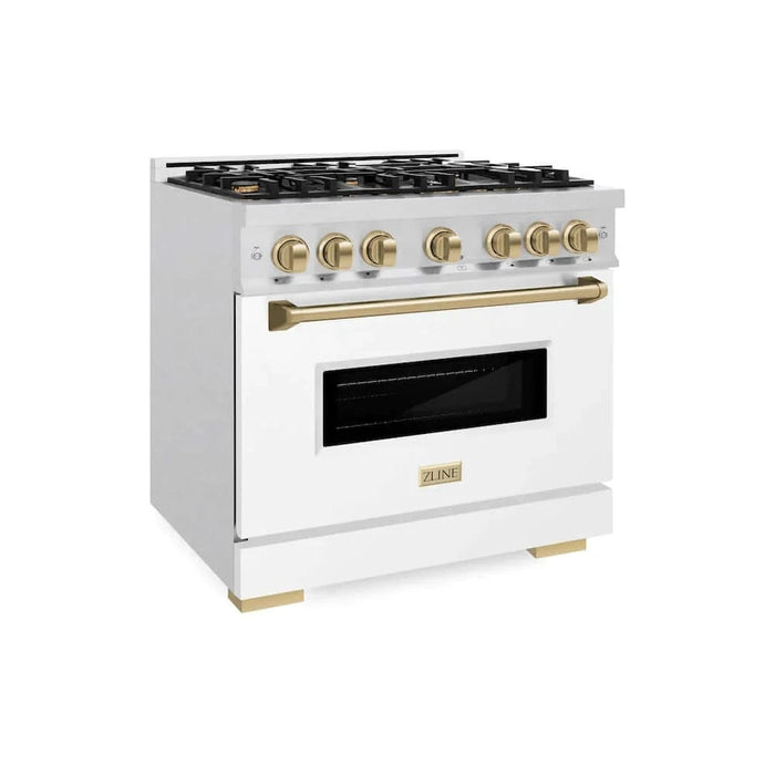 ZLINE 36"Classic Gas Range, Convection Gas Oven, DuraSnow® Stainless Steel, White Matte Door Champagne Bronze CGRSZ-WM-36-CB