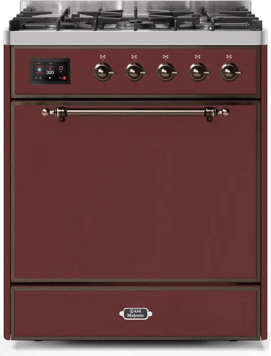 ILVE Majestic II 30" Liquid Propane Dual Fuel Range Burgundy Bronze Trim UM30DQNE3BUBLP