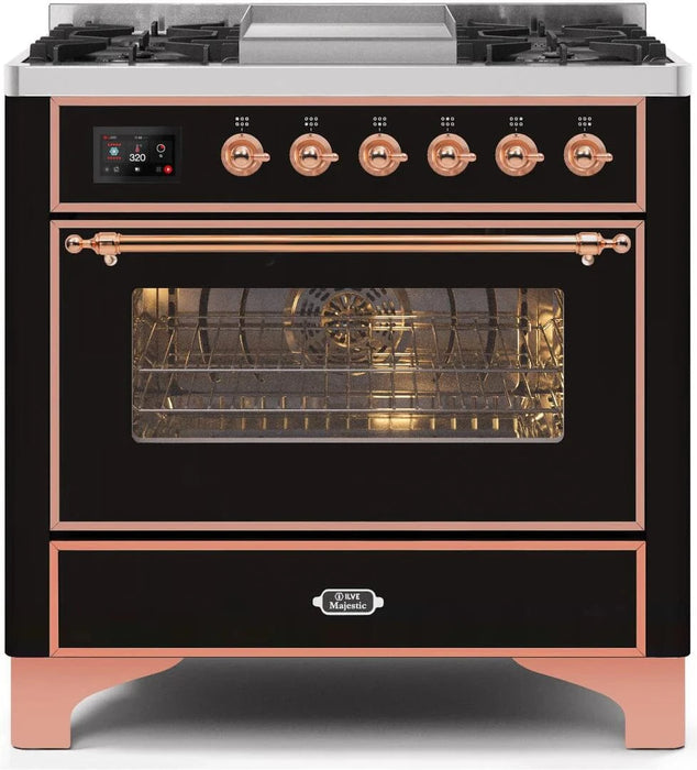 ILVE Majestic II 36" Liquid Propane Dual Fuel Range Glossy Black Copper Trim UM09FDNS3BKPLP