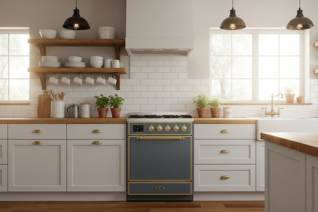 ILVE 30"Majestic II Liquid Propane Dual Fuel Range, Blue Grey, Brass Trim UM30DQNE3BGGLP