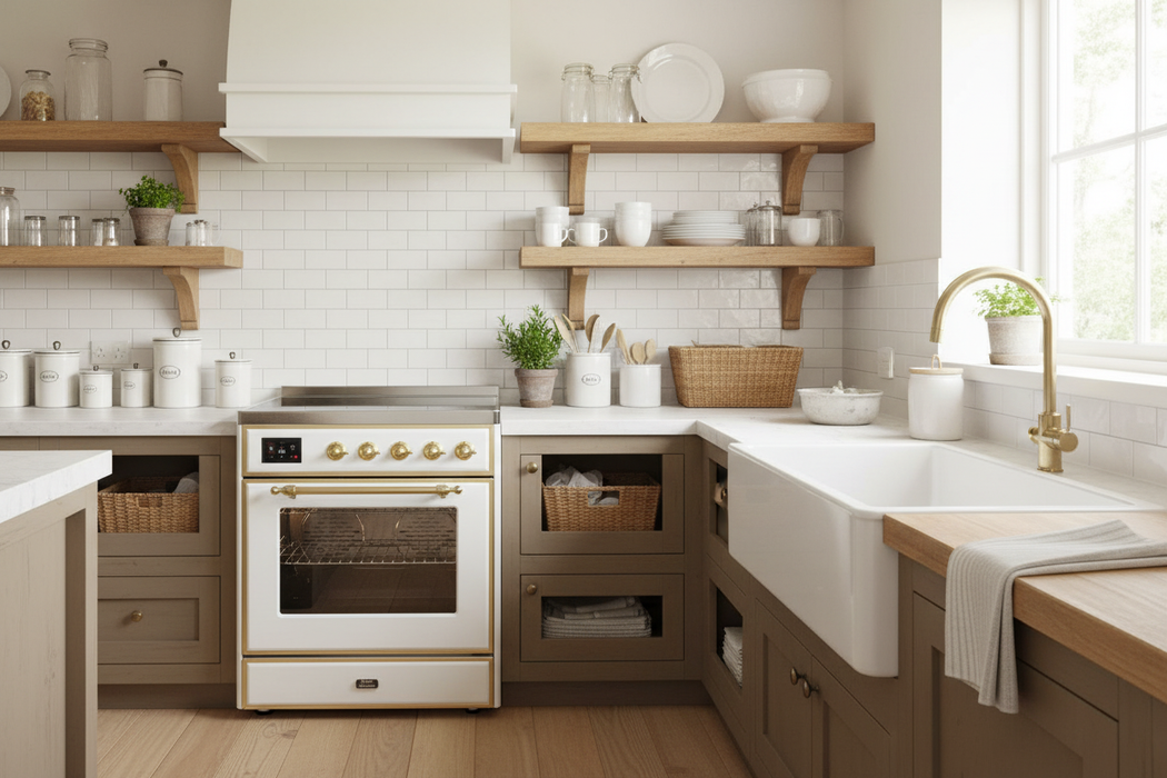 ILVE 30"Majestic II Induction Range, White, Brass Trim UMI30NE3WHG