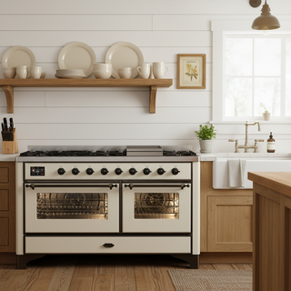 ILVE Majestic III 60" Dual Fuel Range, Antique White, Burnished Trim UM60FNR3AWB
