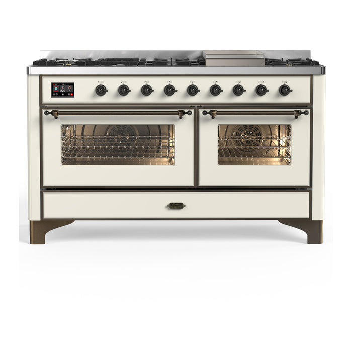 ILVE Majestic III 60" Dual Fuel Range, Antique White, Burnished Trim UM60FNR3AWB