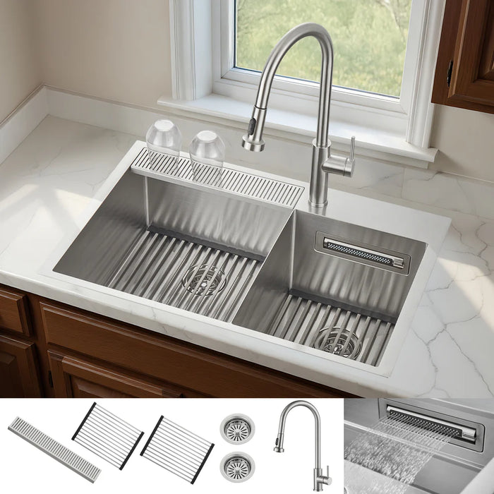 FORNO ACQUA 33" Drop-In/Undermount Stainless Steel Sink Retractable Faucet Waterfall H-ZN30