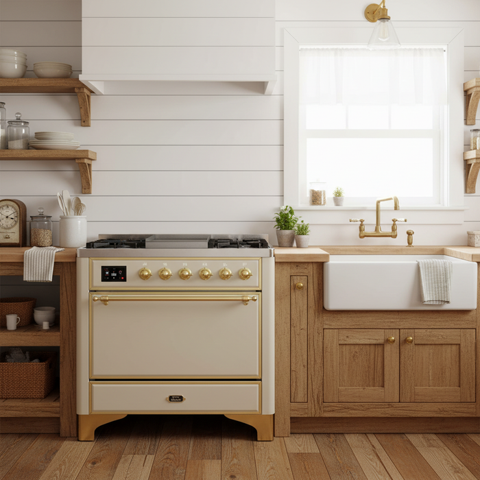 ILVE Majestic II 36" Dual Fuel Range Antique White Brass Trim UM09FDQNS3AWG