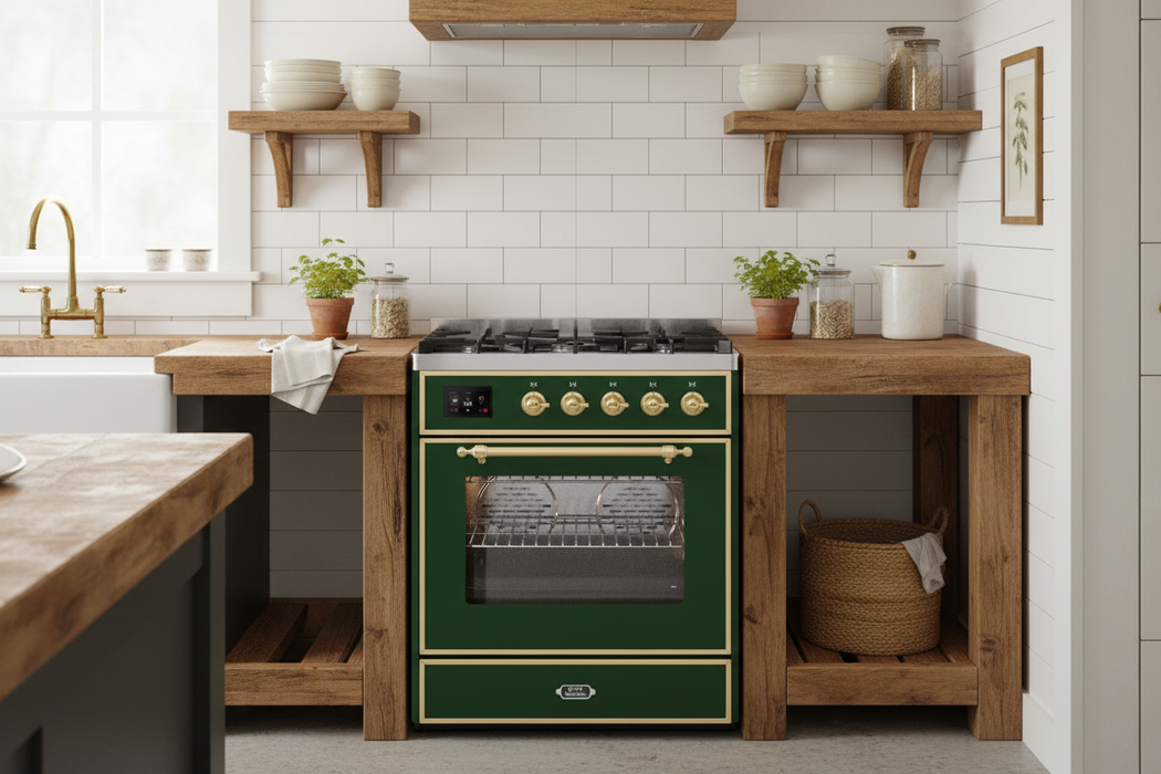 ILVE Majestic III 30" Dual Fuel Range Emerald Green Brass Trim UM30NR3EGG
