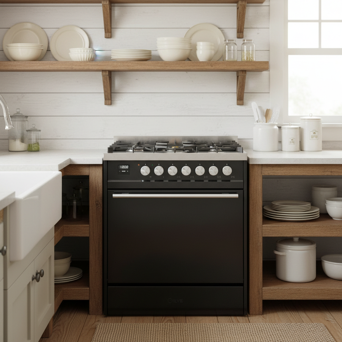 ILVE 30"Professional Plus Liquid Propane Dual Fuel Range, Glossy Black UP30QMPBKLP