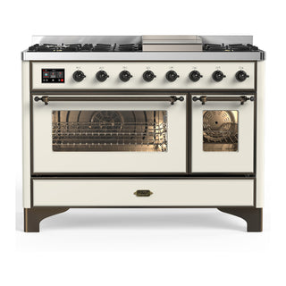 ILVE Majestic III 48" Dual Fuel, Range, Antique White, Burnished Trim UM48FNR3AWB