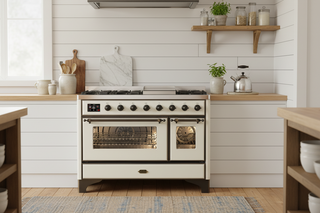 ILVE Majestic III 48" Dual Fuel, Range, Antique White, Burnished Trim UM48FNR3AWB