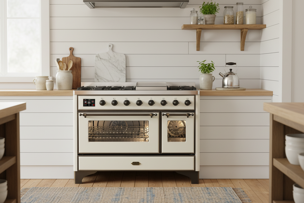 ILVE Majestic III 48" Dual Fuel, Range, Antique White, Burnished Trim UM48FNR3AWB