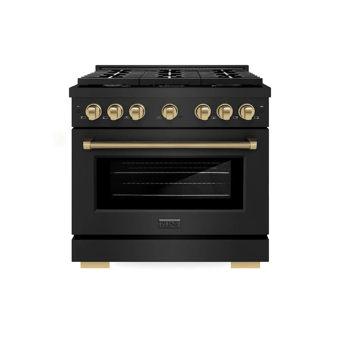 ZLINE Autograph Edition 36" Paramount Dual Fuel Range, 6 Burner Gas Cooktop, Electric Convection Oven, Black Stainless Steel, Helix Handle and Knob SDRBZ-36-KCB