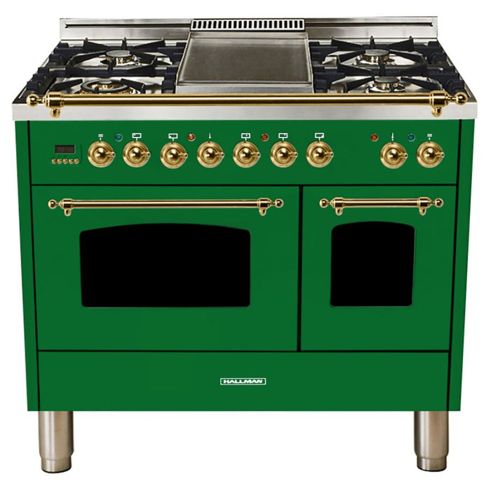 HALLMAN 40 in. Double Oven Dual Fuel Italian Range, Brass Trim in Emerald Green HDFR40BSGN