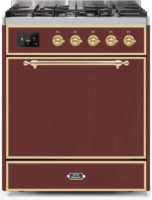 ILVE Majestic II 30" Liquid Propane Dual Fuel Range Burgundy Brass Trim UM30DQNE3BUGLP
