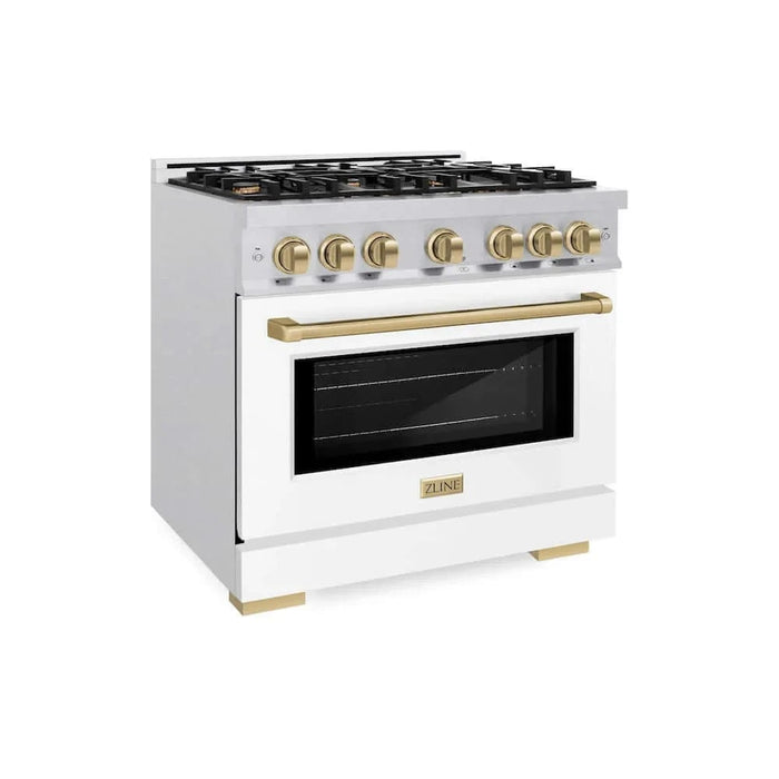 ZLINE 36" Select Gas Range Convection Gas Oven DuraSnow® Stainless Steel White Matte Door Champagne Bronze HGRSZ-WM-36-CB
