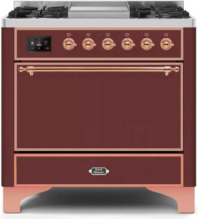 ILVE Majestic II 36" Liquid Propane Dual Fuel Range Burgundy Copper Trim UM09FDQNS3BUPLP