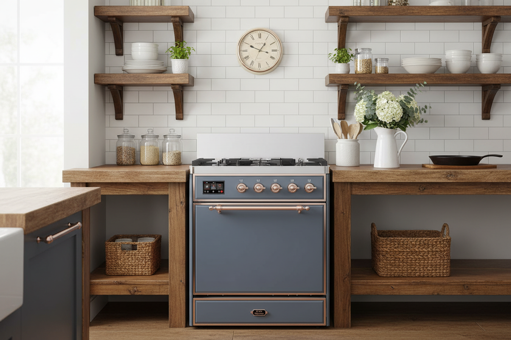 ILVE Majestic III 30" Dual Fuel Range, Blue Grey Copper Trim UM30QNR3BGP