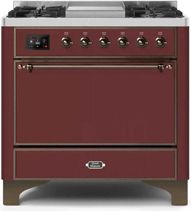 ILVE Majestic II 36" Dual Fuel Range Burgundy Bronze Trim UM09FDQNS3BUB