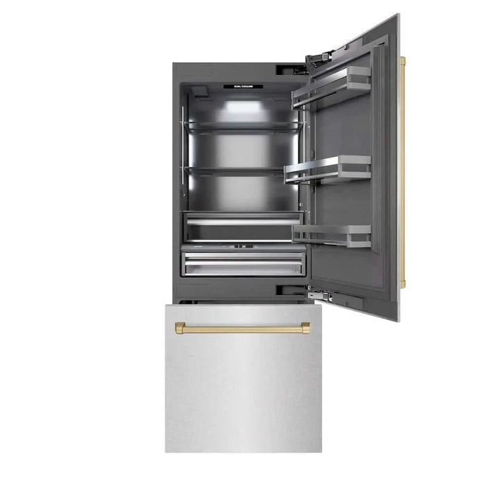 ZLINE 30" Built-In Bottom Freezer Refrigerator with Water Dispenser, Ice Maker, DuraSnow® Stainless Steel, Graphite Gray Interior, Champagne Bronze GRBIVZ-SN-30-CB