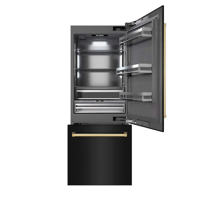 ZLINE 30" Built-In Bottom Freezer Refrigerator with Water Dispenser, Ice Maker, Black Stainless Steel, Graphite Gray Interior, Polished Gold GRBIVZ-BS-30-G