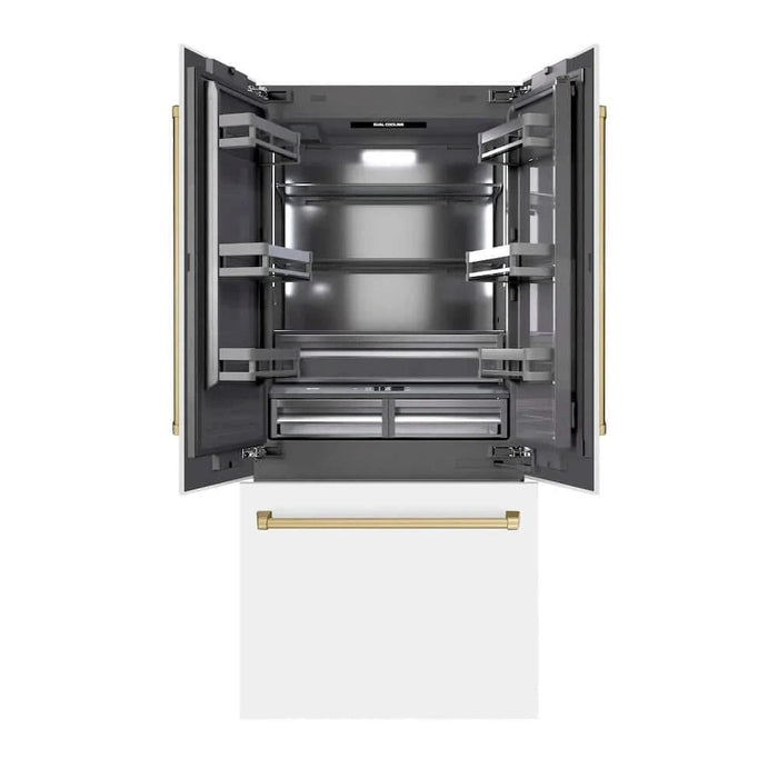 ZLINE 36" Built-In Bottom Freezer Refrigerator with Water Dispenser, Ice Maker, White Matte, Graphite Gray Interior, Champagne Bronze GRBIVZ-WM-36-CB