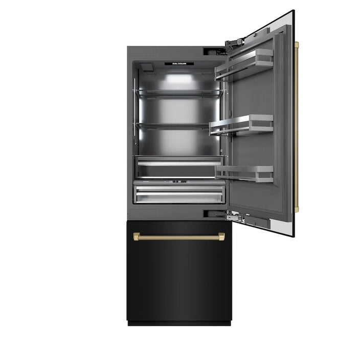ZLINE Autograph Edition 30" Built-In Bottom Freezer Refrigerator, Water Dispenser, Ice Maker, Black Stainless Steel, Graphite Gray Interior,Helix Handles GRBIVZ-BS30KCB