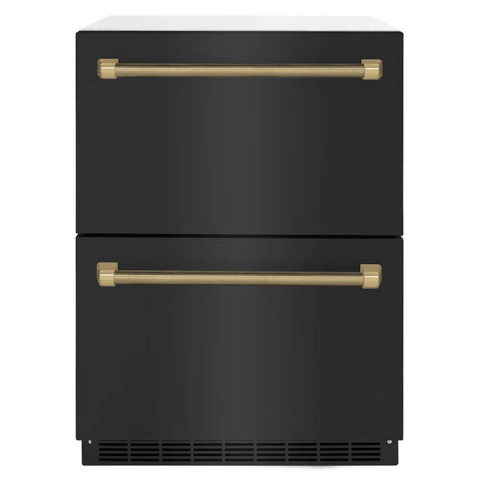 ZLINE Autograph Edition 24" Touchstone 168 Can Outdoor-Rated Dual Refrigerator Drawer, Black Stainless Steel Doors, Helix Handles RDSOZ-BS-24-KCB