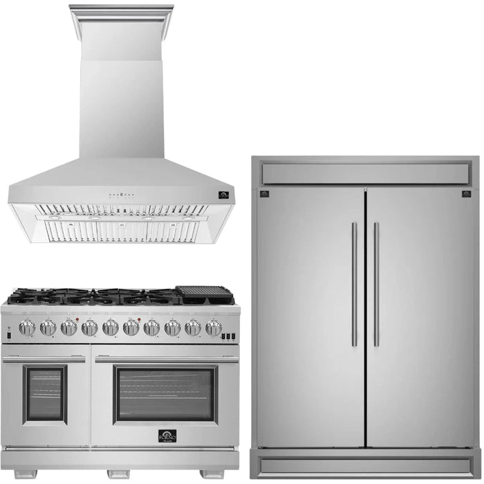 Forno Appliance Package - 48" Gas Range, Wall Mount Range Hood, 60" Refrigerator with Modern Grill Trim FBDL-019-07CAUS