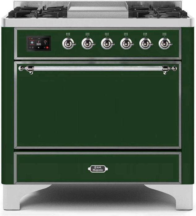 ILVE Majestic II 36" Liquid Propane Dual Fuel Range Emerald Green Chrome Trim UM09FDQNS3EGCLP