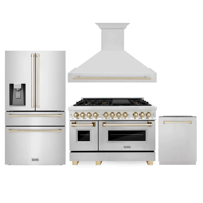 ZLINE Autograph Edition 48" Kitchen Package, Stainless Steel Dual Fuel Range, Range Hood, Dishwasher, French Door Refrigerator External Water Dispenser, 4AKPR-RARHDWM48-G