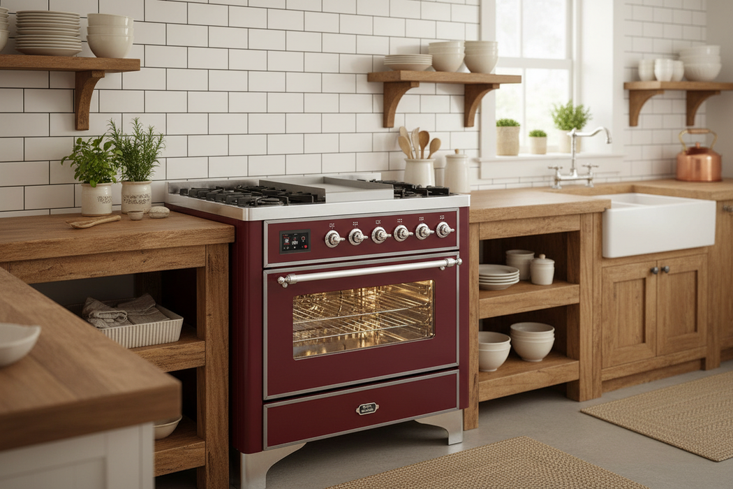 ILVE 36" Majestic II Dual Fuel Range Burgundy Chrome Trim UM09FDNS3BUC