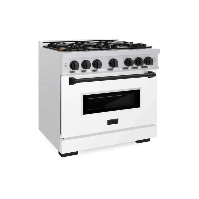 ZLINE 36" Dual Fuel Range, Gas Cooktop, Electric Convection Oven DuraSnow® Stainless Steel, White Matte Door Matte Black CDRSZ-WM-36-MB