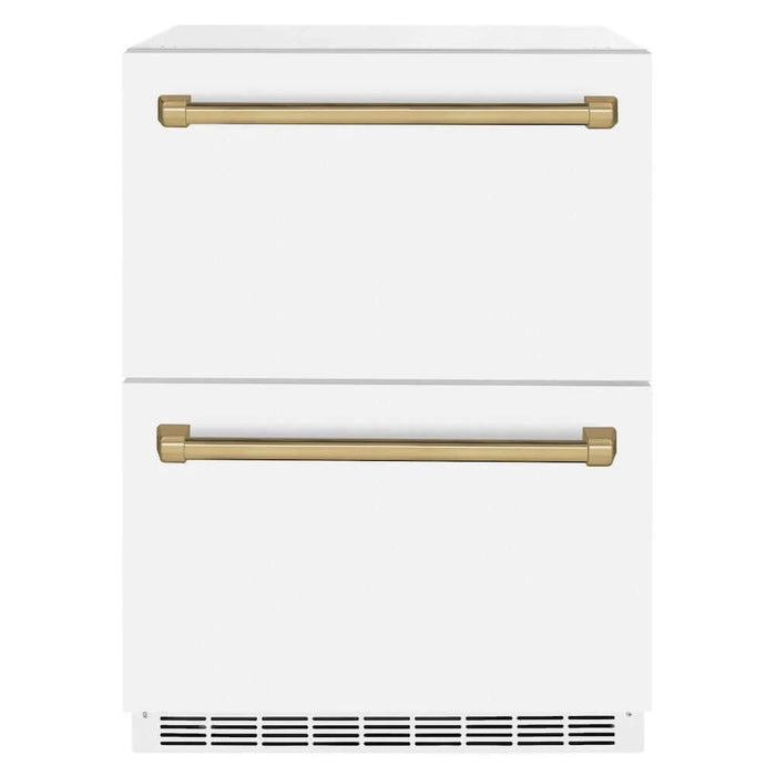 ZLINE Autograph Edition 24" Touchstone 168 Can Outdoor-Rated Dual Refrigerator Drawer, White Matte Door, Accents  RDSOZ-WM-24-CB