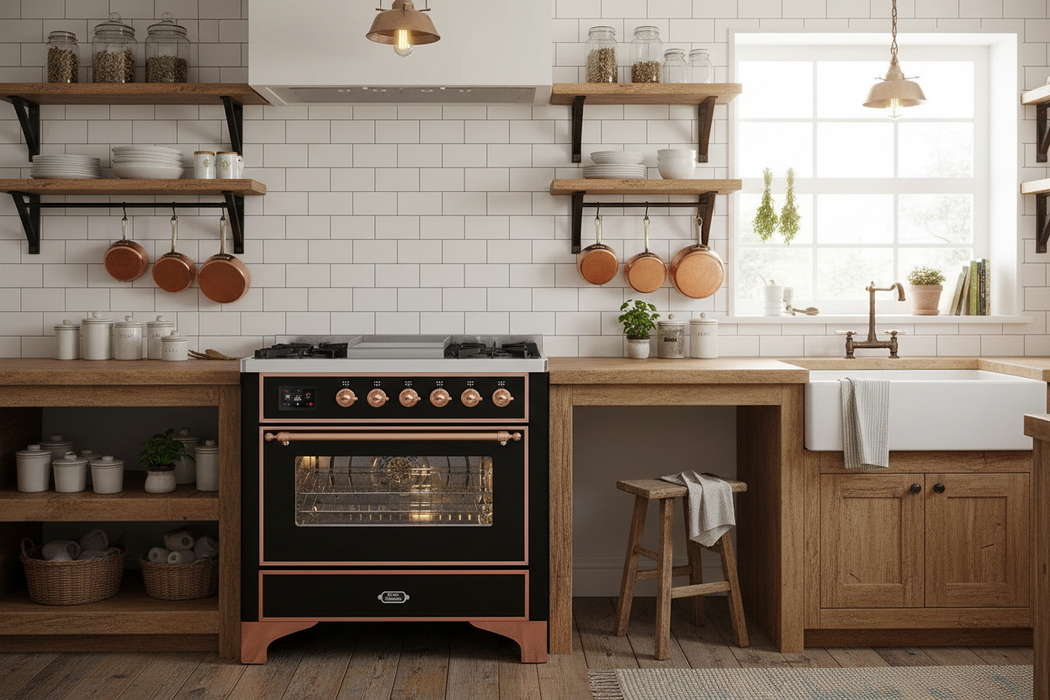 ILVE Majestic II 36" Dual Fuel Range Glossy Black Copper Trim UM09FDNS3BKP